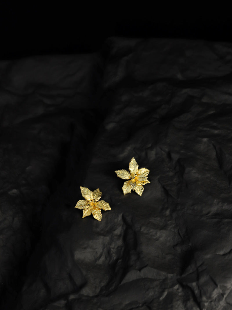 Poinsettia Flower Earrings-Sterling Silver Poinsettia Flower Earrings-Gold Silver Tone-Silver Floral Jewelry-Gift for her