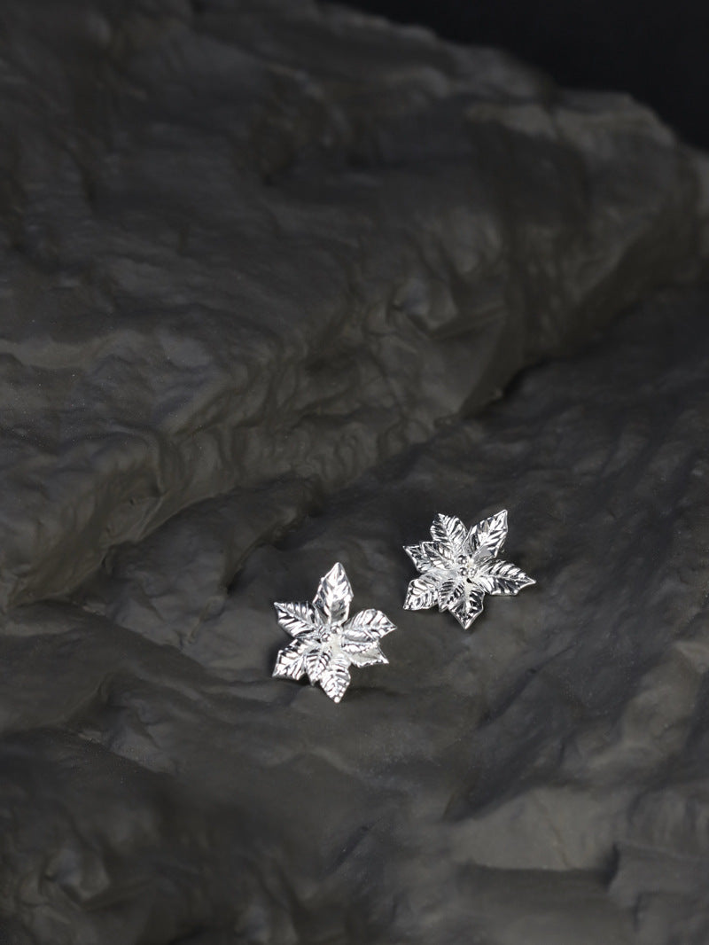 Poinsettia Flower Earrings-Sterling Silver Poinsettia Flower Earrings-Gold Silver Tone-Silver Floral Jewelry-Gift for her