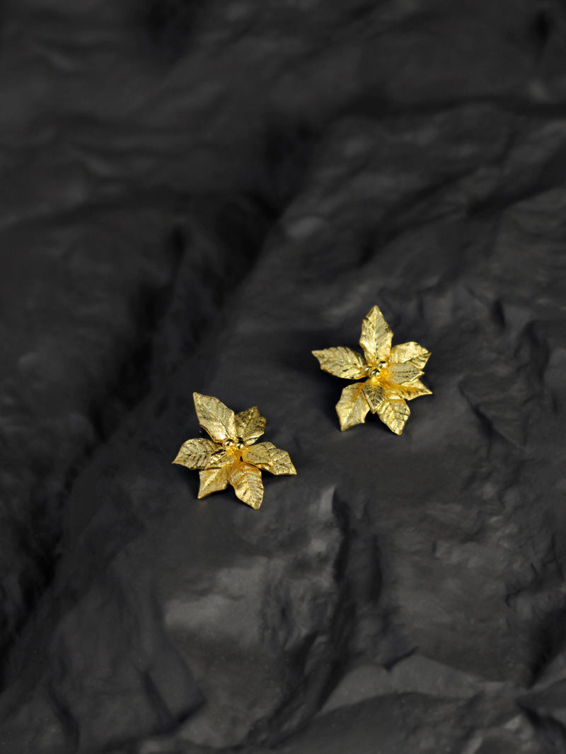 Poinsettia Flower Earrings-Sterling Silver Poinsettia Flower Earrings-Gold Silver Tone-Silver Floral Jewelry-Gift for her