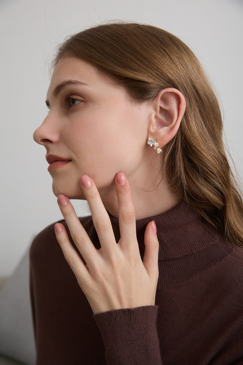 Freesia Flower Earrings-Sterling Silver Freesia Pearl Earrings-Spring Flower-Dainty Floral Jewelry-Mother's Day Gift