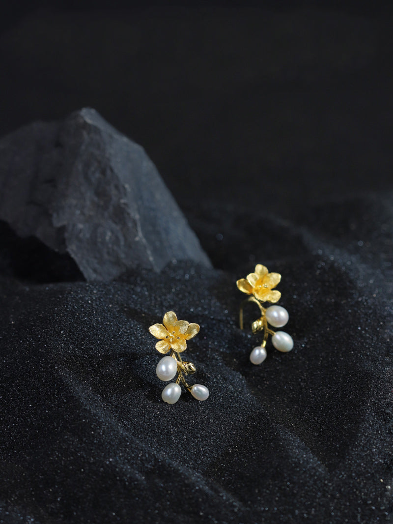 Freesia Flower Earrings-Sterling Silver Freesia Pearl Earrings-Spring Flower-Dainty Floral Jewelry-Mother's Day Gift