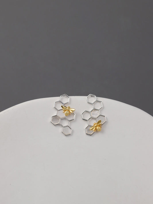 Elegant Bee and Honeycomb Sterling Silver Earrings with White Shell Inlay - Perfect for Birthdays, Anniversaries, and Valentine's Day