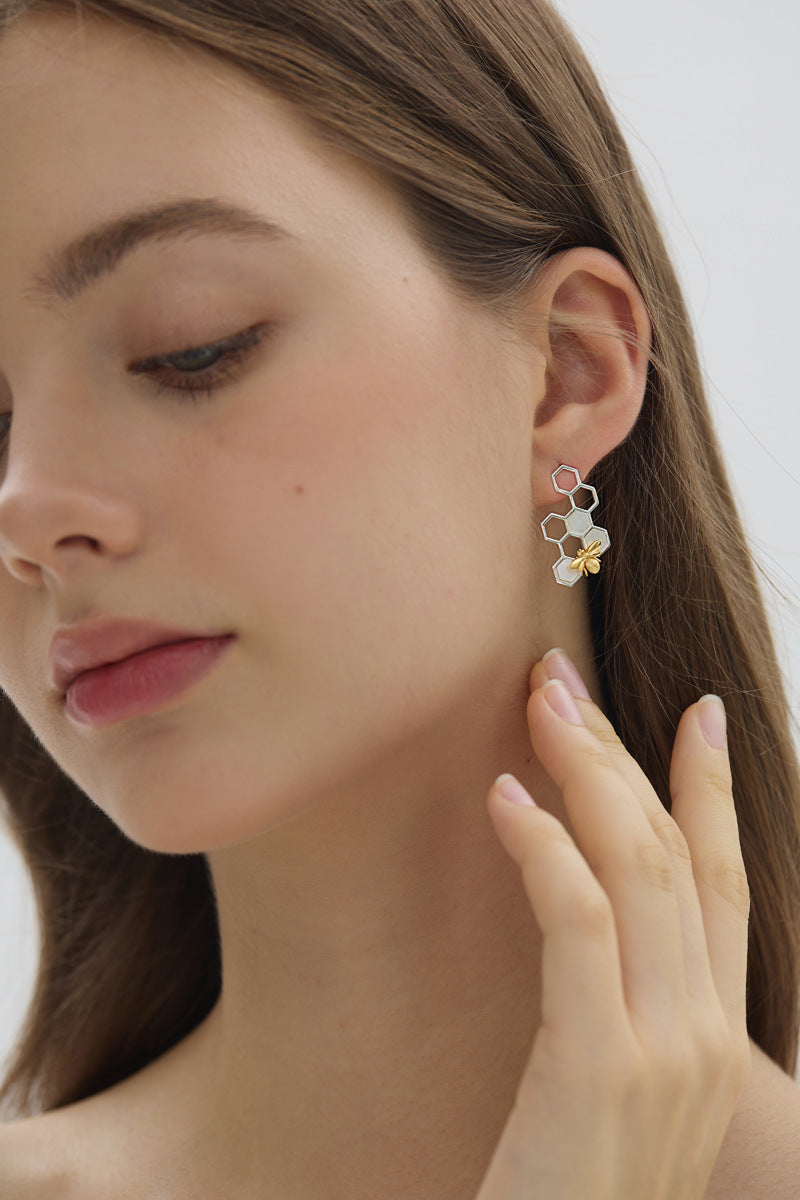 Elegant Bee and Honeycomb Sterling Silver Earrings with White Shell Inlay - Perfect for Birthdays, Anniversaries, and Valentine's Day