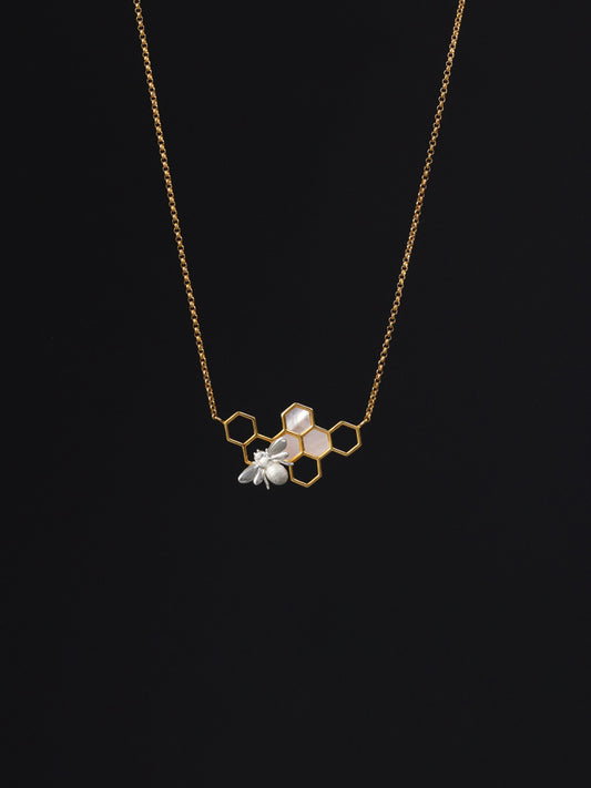 Elegant Bee and Honeycomb Sterling Silver Necklace with White Shell Inlay - Perfect for Birthdays, Anniversaries, and Valentine's Day