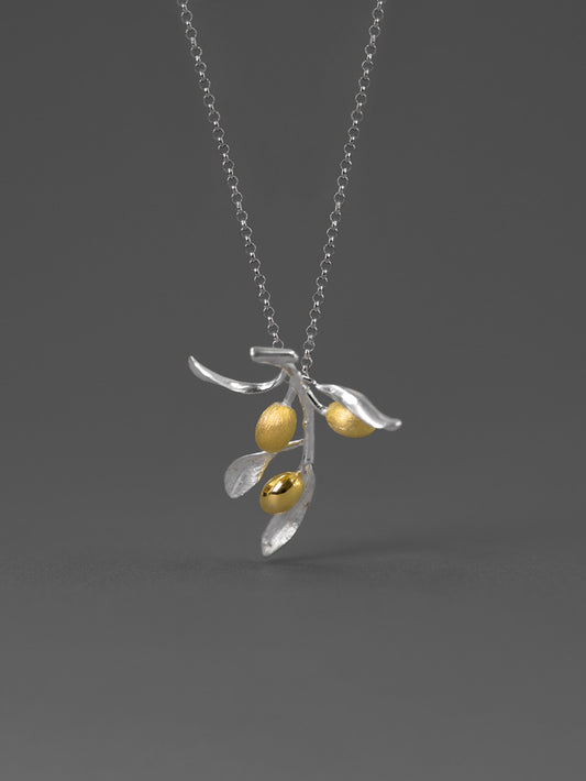 Olive Leaf Branch Necklace Charm-Sterling Silver Olive Twig Pendant-Gold Fruit-Silver Plant Jewelry-Gift for her