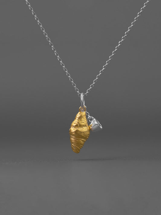 Croissant Coffee Necklace Charm-Sterling Silver Gold Croissant Coffee Cup Pendant-Two Tone-Minimalist Silver Jewelry-Gift for her