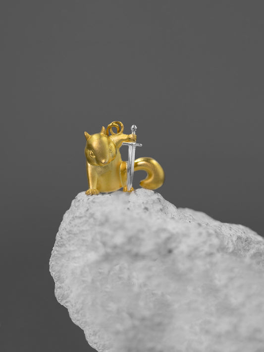 Cute Squirrel Charm Necklace-Sterling Silver Squirrel Hold Sword Pendant-Gold Sword-Cartoon Animal Jewelry-Gift for her