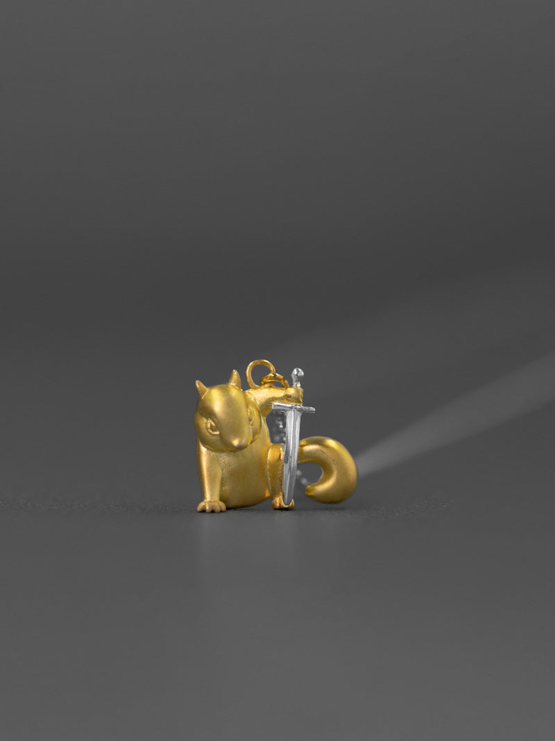 Cute Squirrel Charm Necklace-Sterling Silver Squirrel Hold Sword Pendant-Gold Sword-Cartoon Animal Jewelry-Gift for her