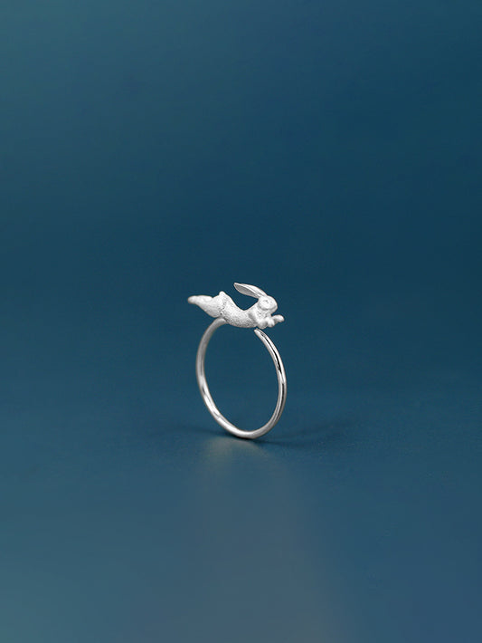 Running Rabbit Charm Ring-Sterling Silver Ribbit Open Ring-Long Ear-Cute Animal Jewelry-Gift for her