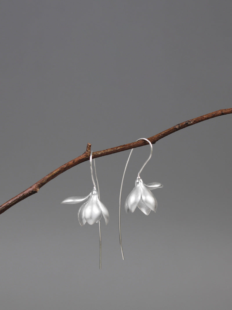 Magnolia Flower Earring-Sterling Silver Flower Charm Dangle-Real Flower-Glossy Twig-Magnolia Jewelry-Gift for her