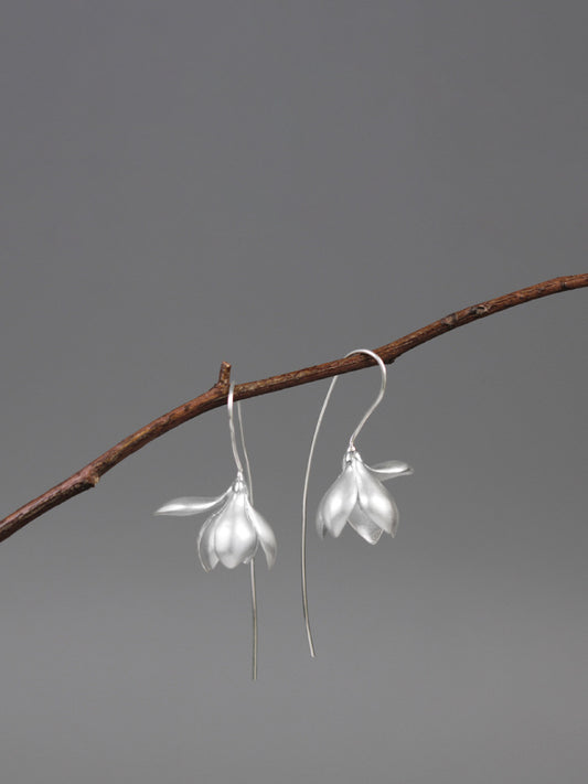 Magnolia Flower Earring-Sterling Silver Flower Charm Dangle-Real Flower-Glossy Twig-Magnolia Jewelry-Gift for her