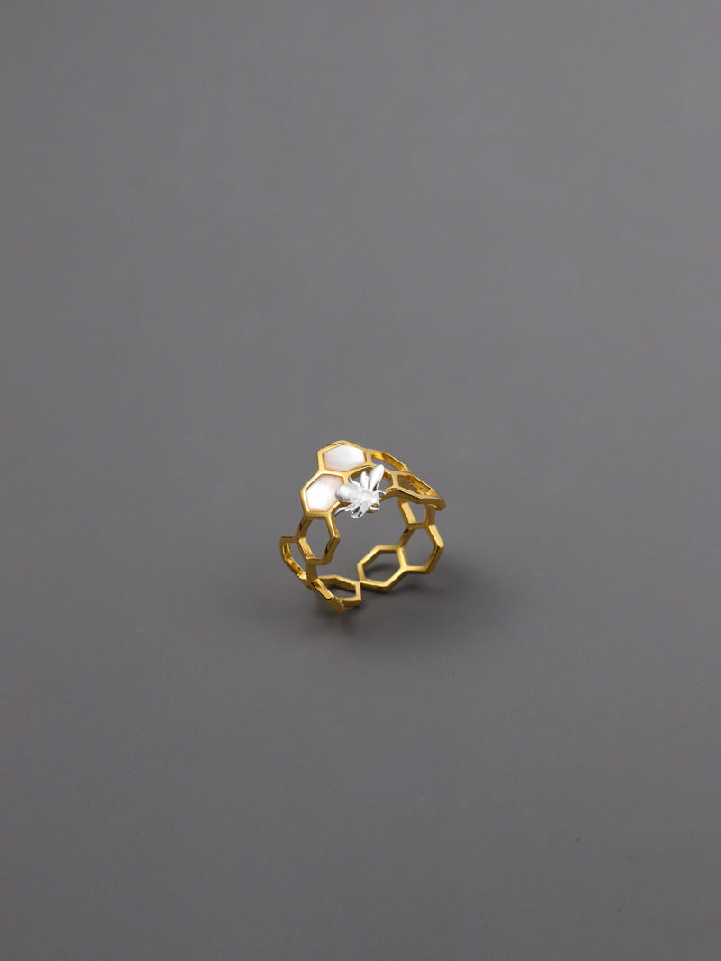 Elegant Bee and Honeycomb Design Sterling Silver Ring with White Shell and Amber Resin - Adjustable Open Band