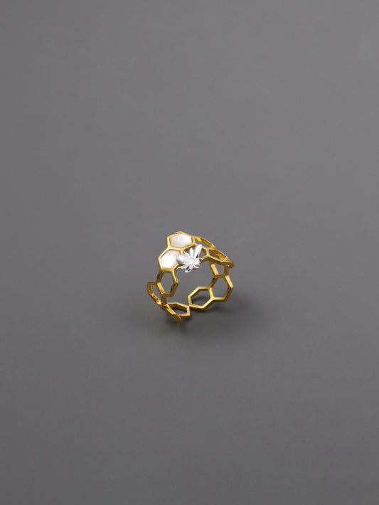 Elegant Bee and Honeycomb Design Sterling Silver Ring with White Shell and Amber Resin - Adjustable Open Band