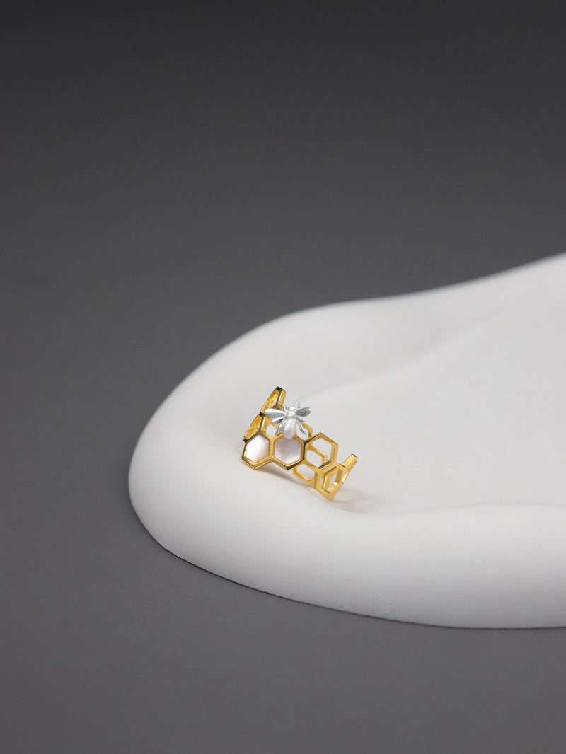 Elegant Bee and Honeycomb Design Sterling Silver Ring with White Shell and Amber Resin - Adjustable Open Band