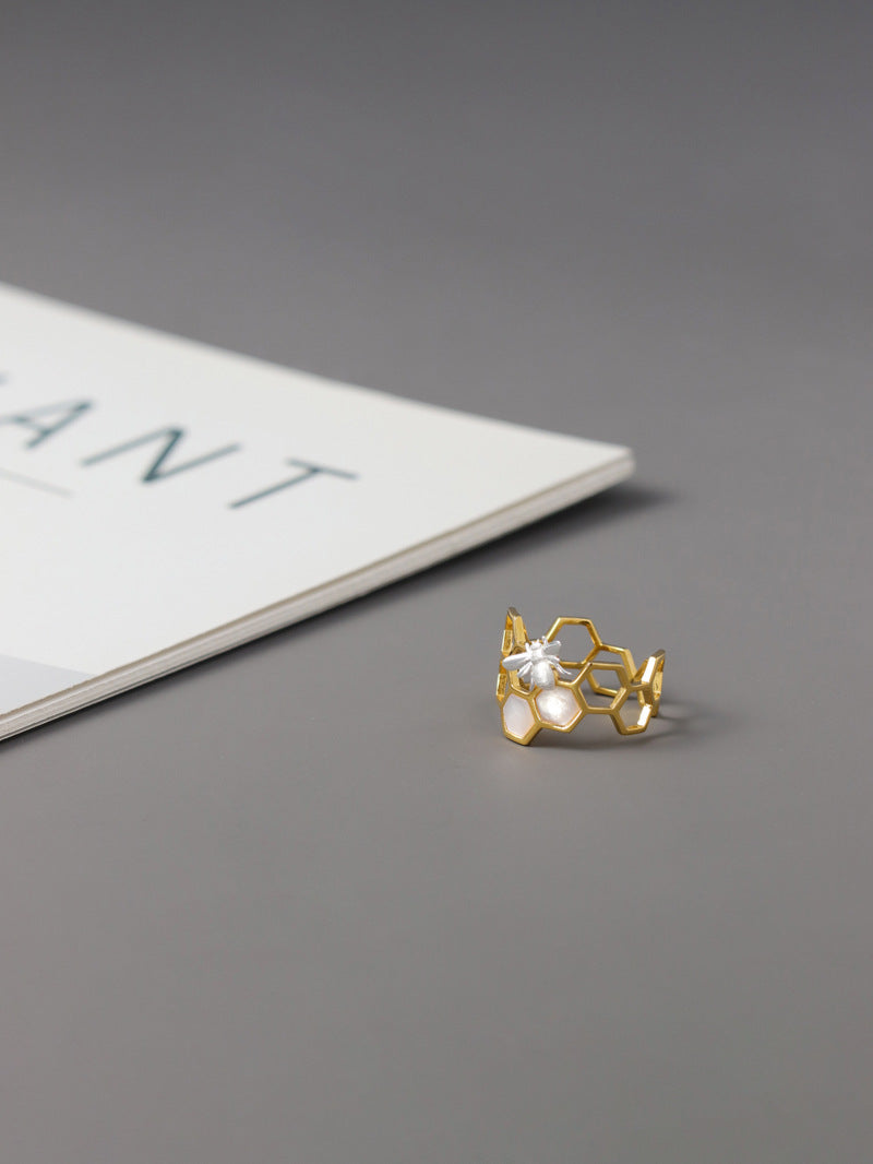 Elegant Bee and Honeycomb Design Sterling Silver Ring with White Shell and Amber Resin - Adjustable Open Band