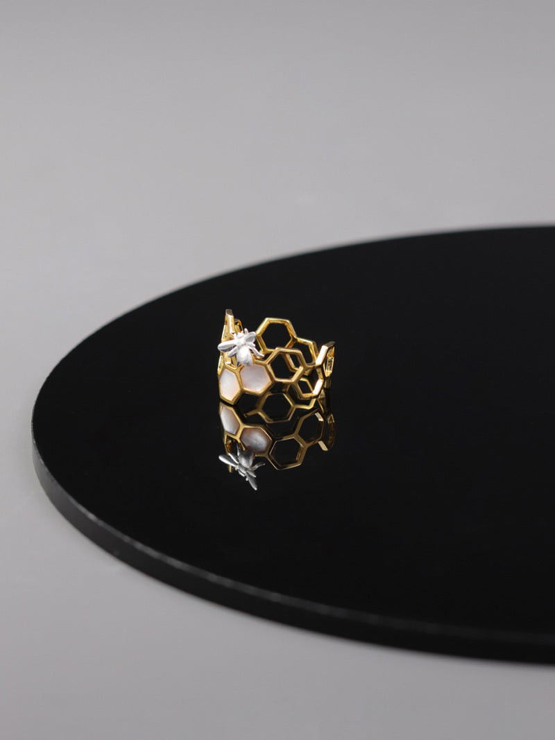 Elegant Bee and Honeycomb Design Sterling Silver Ring with White Shell and Amber Resin - Adjustable Open Band