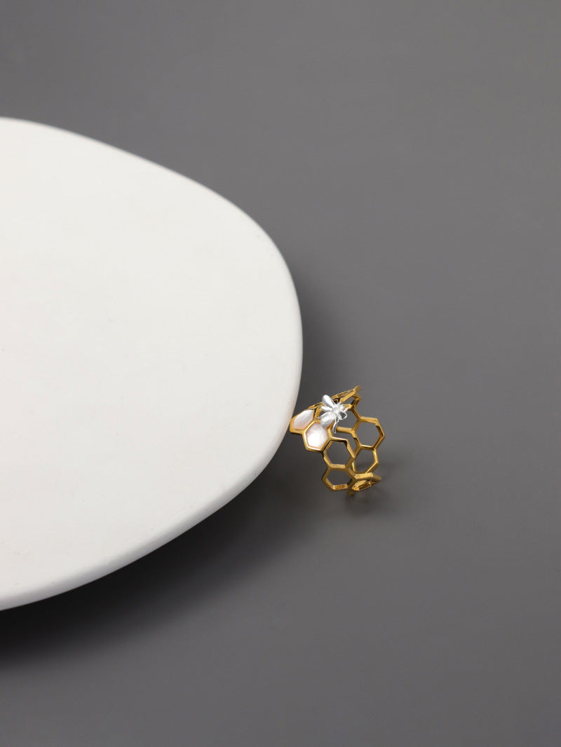 Elegant Bee and Honeycomb Design Sterling Silver Ring with White Shell and Amber Resin - Adjustable Open Band