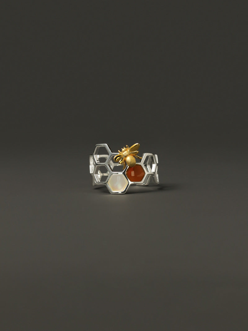 Elegant Bee and Honeycomb Design Sterling Silver Ring with White Shell and Amber Resin - Adjustable Open Band