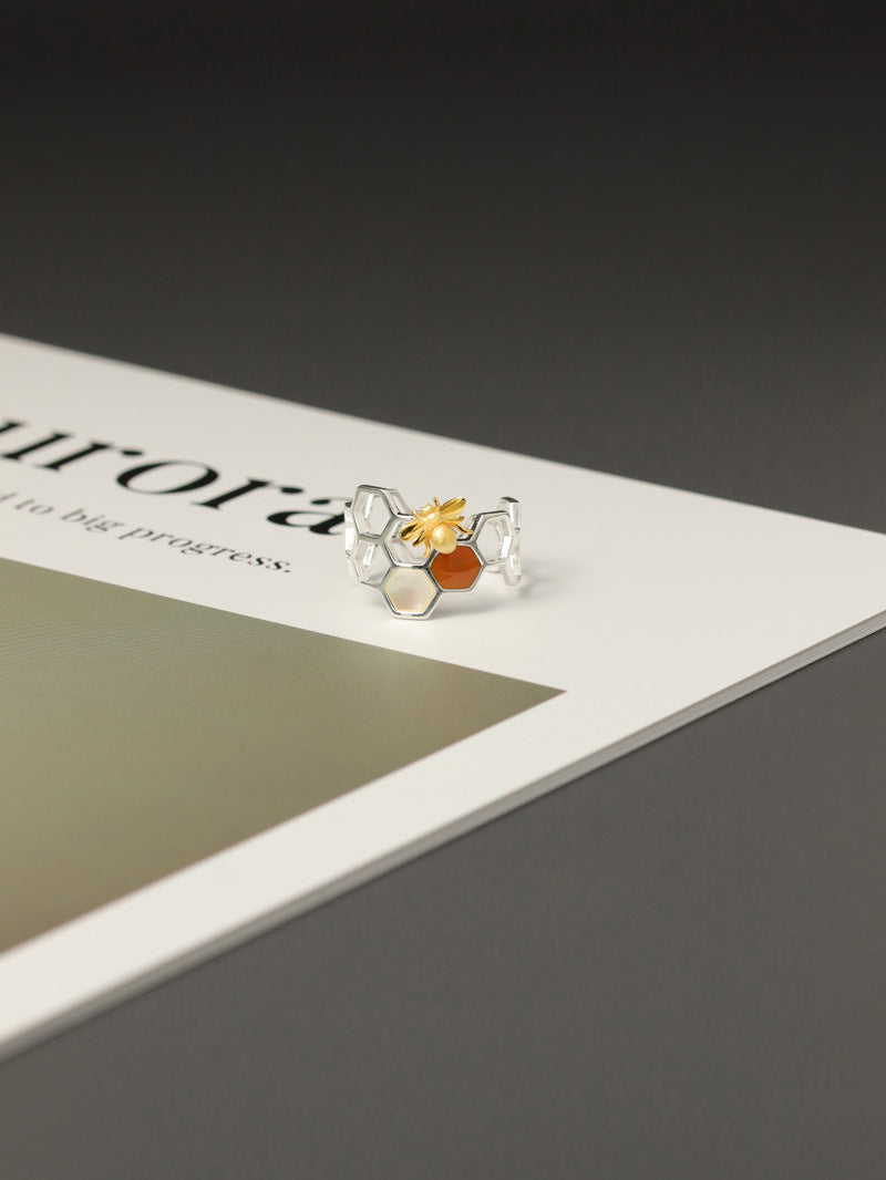 Elegant Bee and Honeycomb Design Sterling Silver Ring with White Shell and Amber Resin - Adjustable Open Band