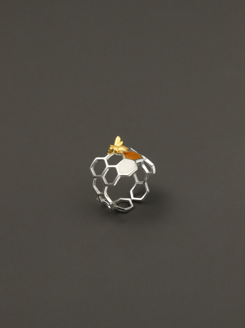 Elegant Bee and Honeycomb Design Sterling Silver Ring with White Shell and Amber Resin - Adjustable Open Band