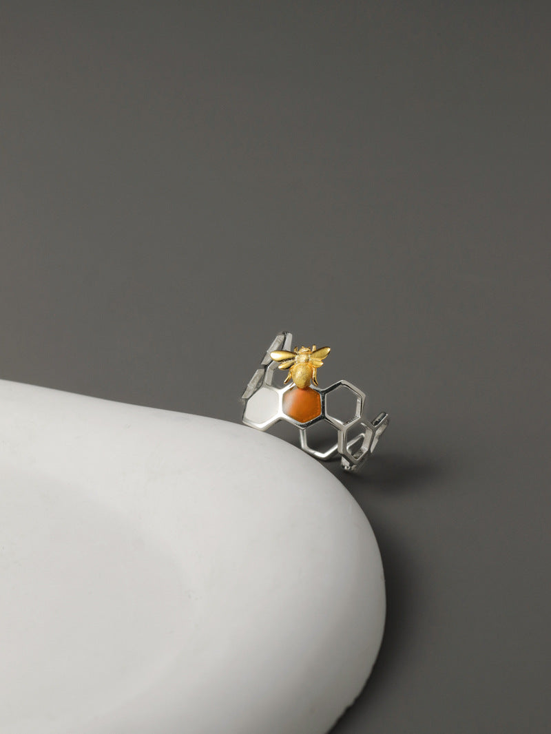 Elegant Bee and Honeycomb Design Sterling Silver Ring with White Shell and Amber Resin - Adjustable Open Band