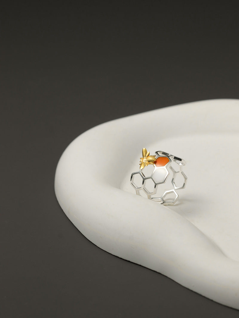 Elegant Bee and Honeycomb Design Sterling Silver Ring with White Shell and Amber Resin - Adjustable Open Band