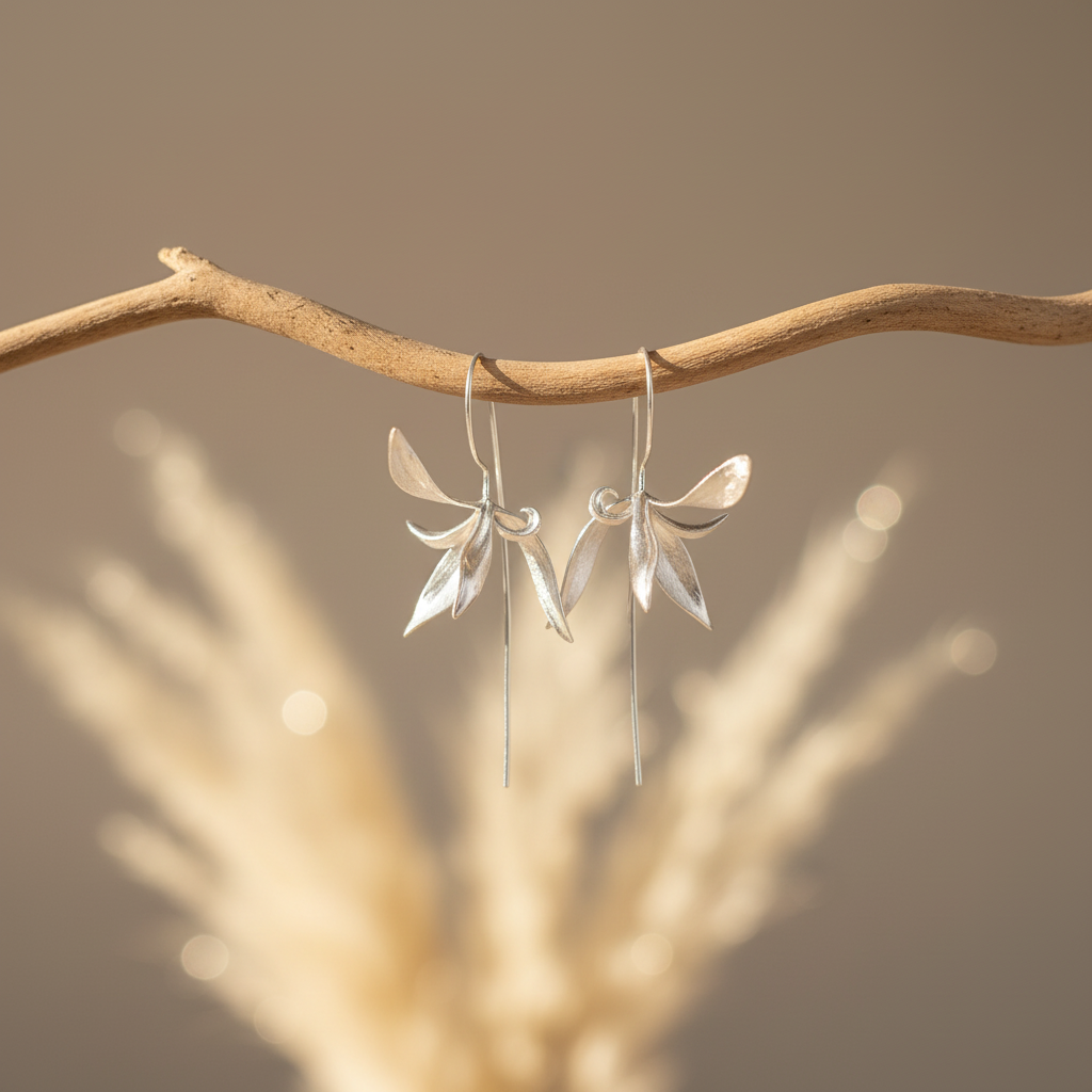 silver flower earrings scene