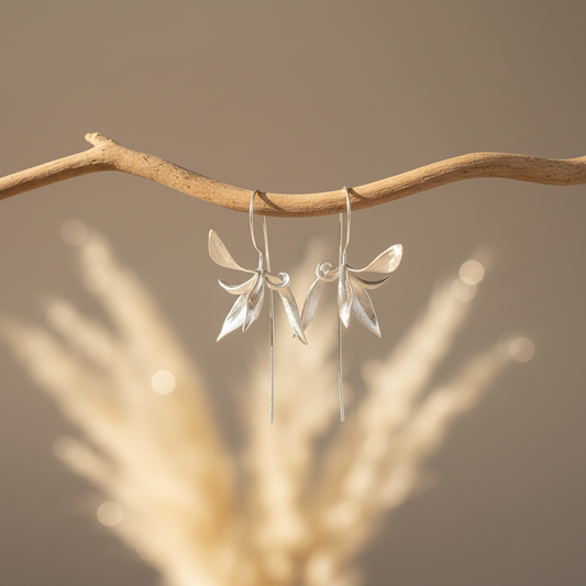 silver flower earrings scene