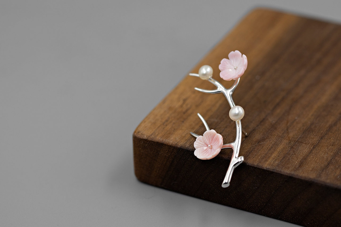 Cherry Blossom Flower Twig Brooch-Sterling Silver Queen Conch Pearl Brooch-Pink Flower-Floral Flower Jewelry-Gift for her