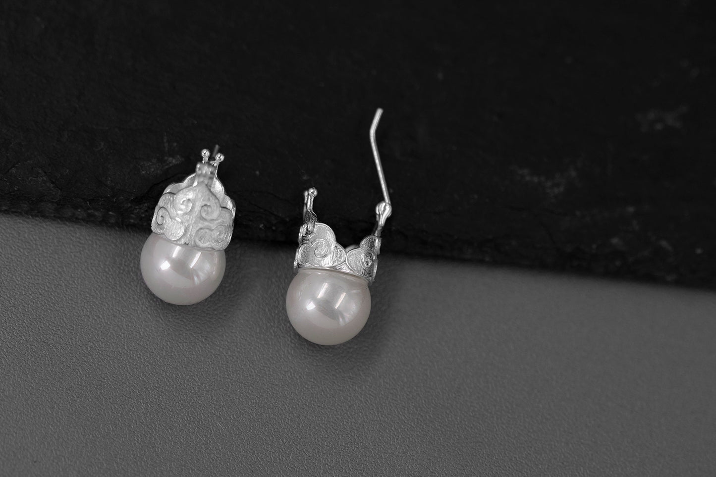 Shell Pearl Earring-Sterling Silver Cloud Pattern Charm Earring-12 mm Pearl-Fashion Pearl Jewelry-Gift for her