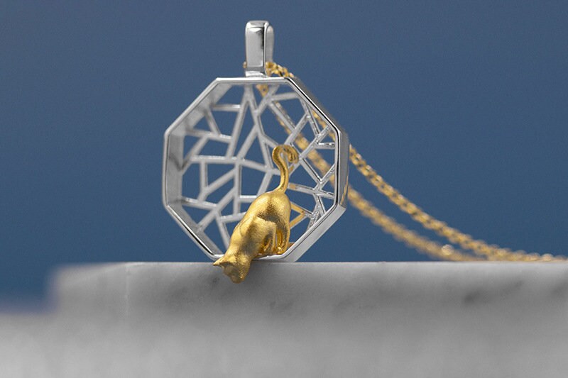 Polygon Window Charm Necklace-Sterling Silver Gold Kitten Pendant-Playing Cat-Cat Jewelry-Cat Lover Gift-Gift for her