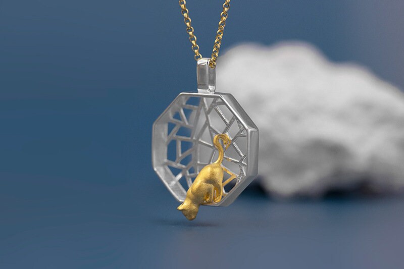 Polygon Window Charm Necklace-Sterling Silver Gold Kitten Pendant-Playing Cat-Cat Jewelry-Cat Lover Gift-Gift for her