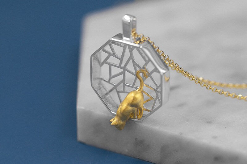 Polygon Window Charm Necklace-Sterling Silver Gold Kitten Pendant-Playing Cat-Cat Jewelry-Cat Lover Gift-Gift for her