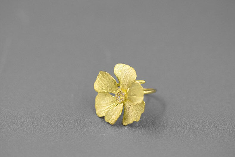 Peony Flower Ring-Sterling Silver Blossom Flower Open Adjustable Ring-Zircon Flower-Floral Silver Jewelry-Gift for her