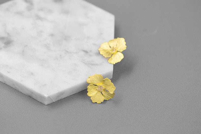 Peony Flower Earring-Sterling Silver Blossom Flower Stud Earrings-Zircon Flower-Floral Silver Jewelry-Gift for her