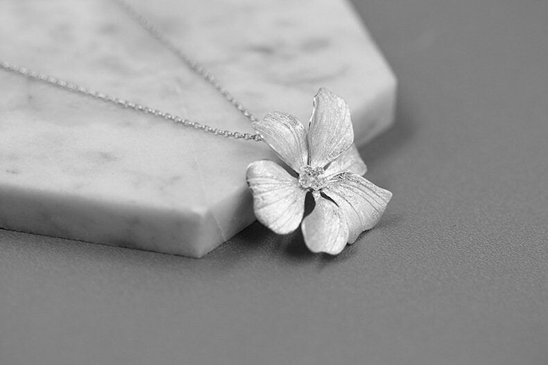 Peony Flower Necklace-Sterling Silver Blossom Flower Pendant-Zircon Flower-Floral Silver Jewelry-Gift for her