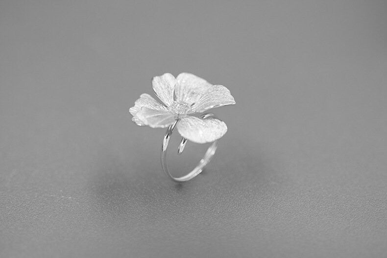 Peony Flower Ring-Sterling Silver Blossom Flower Open Adjustable Ring-Zircon Flower-Floral Silver Jewelry-Gift for her