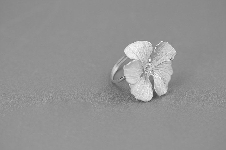 Peony Flower Ring-Sterling Silver Blossom Flower Open Adjustable Ring-Zircon Flower-Floral Silver Jewelry-Gift for her