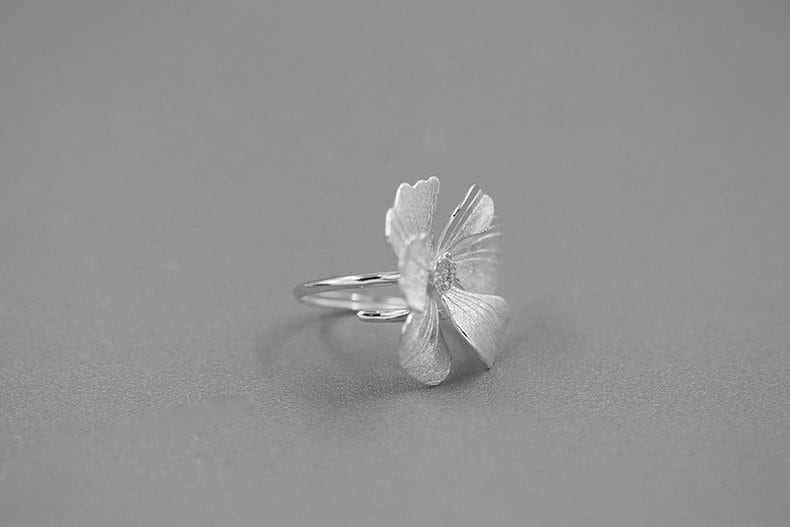 Peony Flower Ring-Sterling Silver Blossom Flower Open Adjustable Ring-Zircon Flower-Floral Silver Jewelry-Gift for her