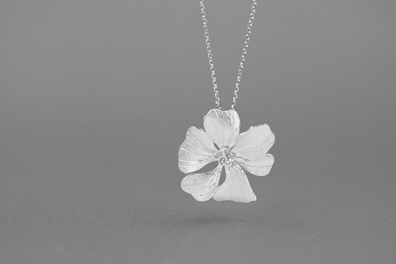 Peony Flower Necklace-Sterling Silver Blossom Flower Pendant-Zircon Flower-Floral Silver Jewelry-Gift for her