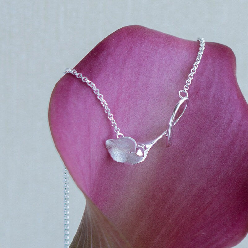 Calla Lily Necklace-Sterling Silver Calla Lily Flower Clavicle Chain Necklace-Dainty Flower-Silver Floral Jewelry-Gift for her