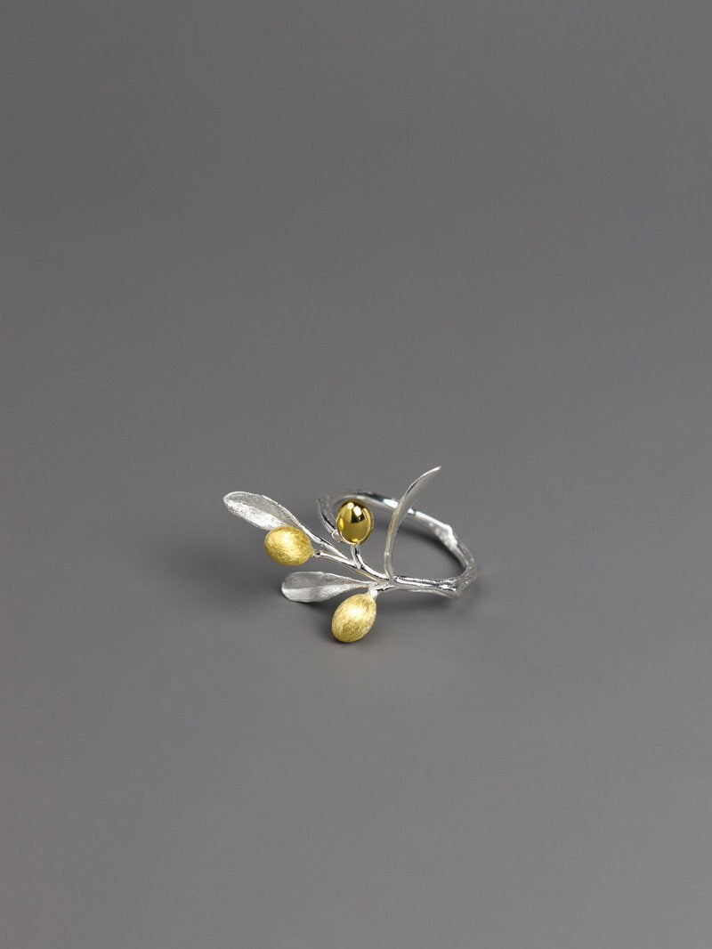 Olive Leaf Branch Ring-Sterling Silver Olive Twig Open Ring-Gold Fruit-Silver Plant Jewelry-Gift for her