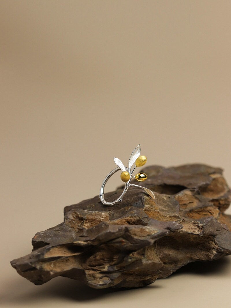 Olive Leaf Branch Ring-Sterling Silver Olive Twig Open Ring-Gold Fruit-Silver Plant Jewelry-Gift for her