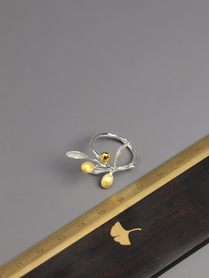 Olive Leaf Branch Ring-Sterling Silver Olive Twig Open Ring-Gold Fruit-Silver Plant Jewelry-Gift for her