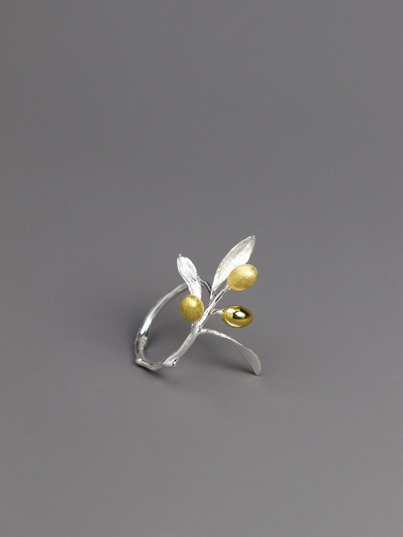 Olive Leaf Branch Ring-Sterling Silver Olive Twig Open Ring-Gold Fruit-Silver Plant Jewelry-Gift for her