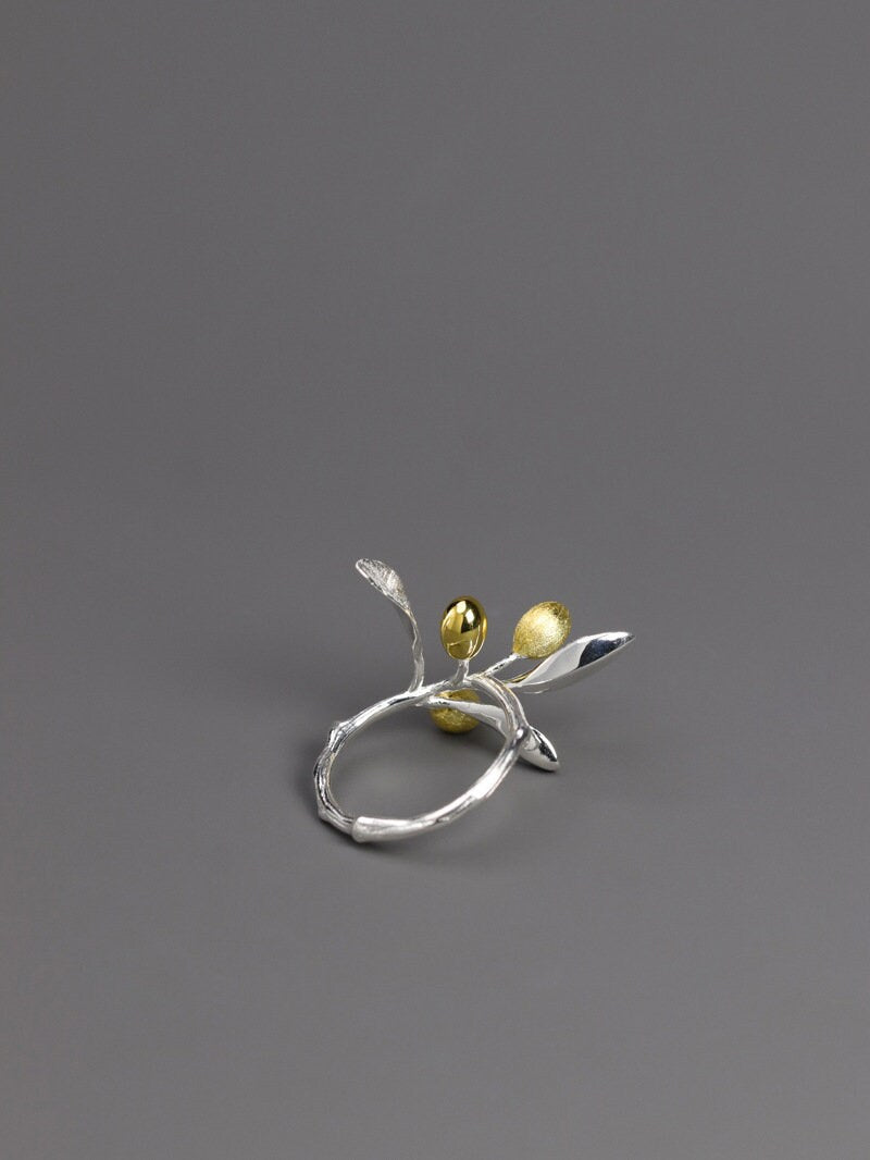 Olive Leaf Branch Ring-Sterling Silver Olive Twig Open Ring-Gold Fruit-Silver Plant Jewelry-Gift for her