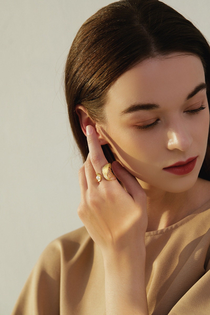 Silver Gold Leaf Ring-Sterling Silver Hollow Leaf Gemstone Open Ring-Gold Silver Tone-Stylish Silver Jewelry-Gift for her